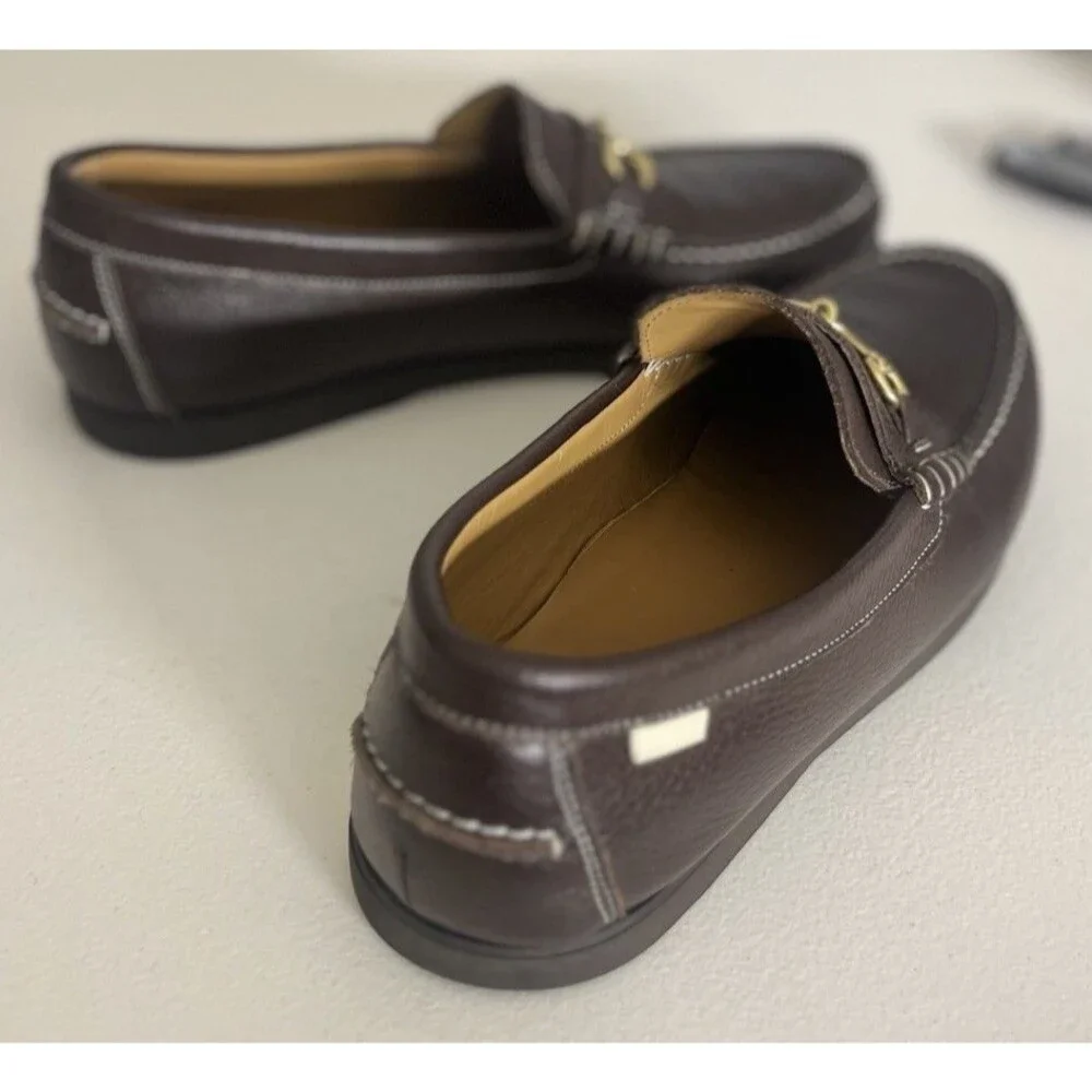 Oliver Cabell Dark Brown Textured Leather Gold Horsebit Boat Shoe Loafers (45)